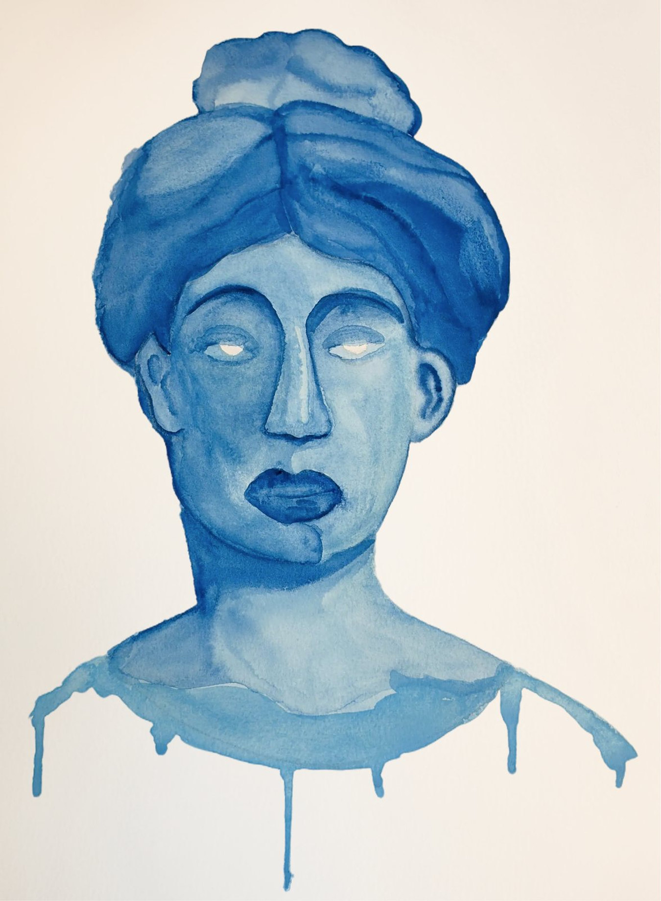 Stille sky 4, watercolour portrait painted in blue, 2026